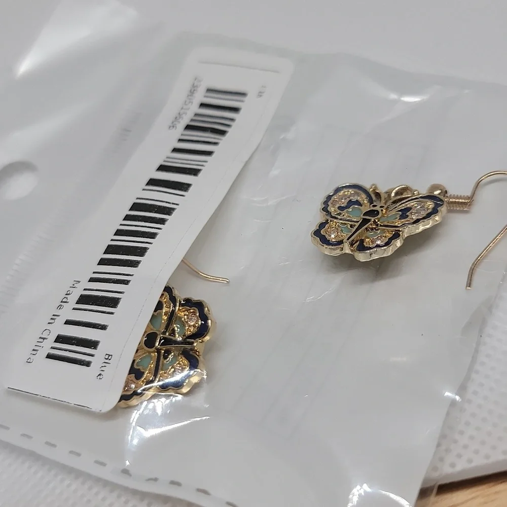 Luxe Blue Butterfly Dangle Earrings Gold Tone Luxe Sparkle Faux Stone New